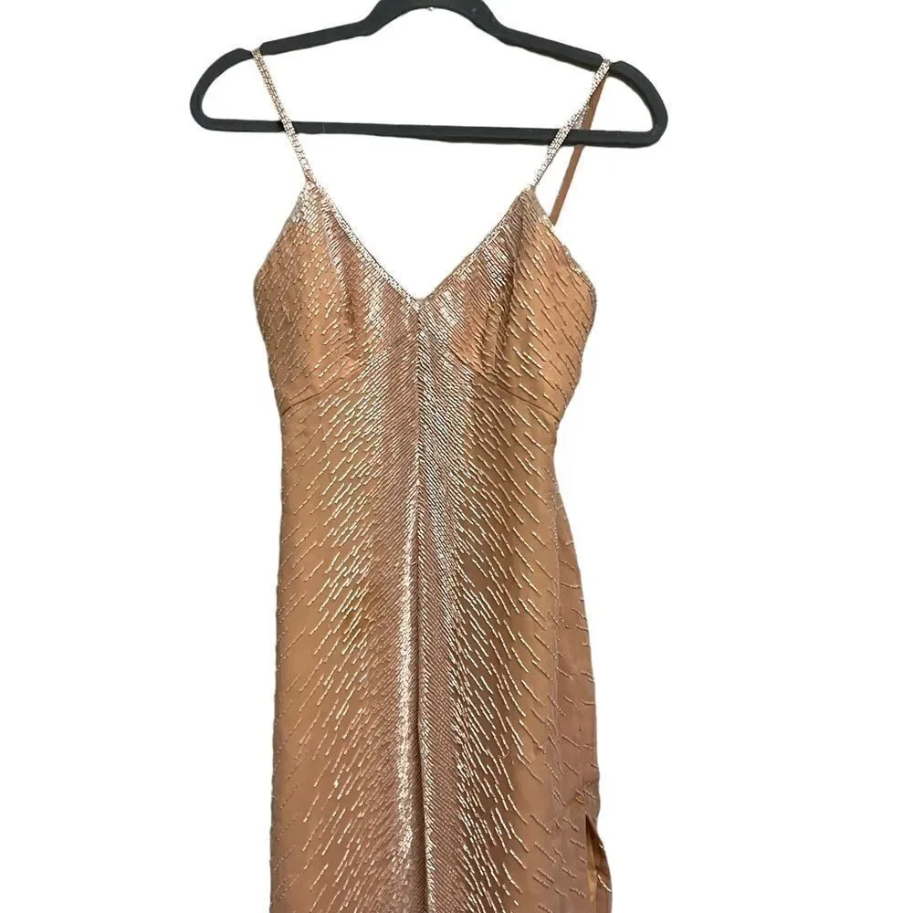 Vintage Giorgio Beverly Hills Champagne Embellished High Slit Body-con Maxi 6
